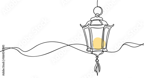 A minimalistic artwork featuring a lantern with candle, illustrated by continuous line.