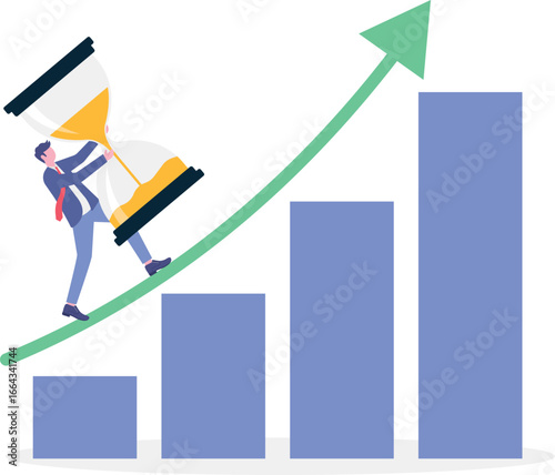 Flat illustration of confident man walking on growing bar chart with hourglass representing patience time management and steady business progress

