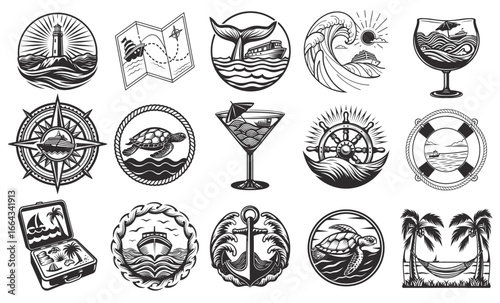 Monochrome nautical emblem set with ships, turtles, cocktails, palm trees, and hammocks for vintage style seafaring, tropical travel, and leisure design applications