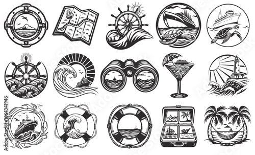 Monochrome nautical emblems with ships, steering wheels, maps, binoculars, lifebuoys, cocktails, lighthouses, palm trees, and hammocks for maritime design applications