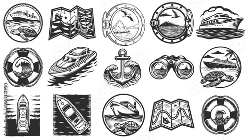Vintage monochrome nautical emblem set with ships, maps, sea turtles, lifebuoys, anchors, binoculars, and portholes for marine, travel, and seafaring design applications