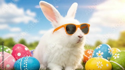 White Easter Bunny Wearing Sunglasses with Colorful Painted Eggs on Grass in Sunny Spring Outdoor Setting