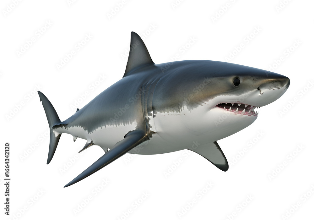 Fototapeta premium A powerful great white shark, displaying its formidable teeth and sleek silhouette, is set against a stark black background.