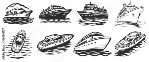 Monochrome cruise ship sailing on calm ocean waves with detailed deck and hull structure, suitable for vintage nautical emblem set, marine transport, or luxury travel design themes