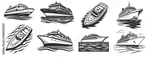 Monochrome cruise ship sailing on calm ocean waves with detailed deck and hull structure, suitable for vintage nautical emblem set, marine transport, or luxury travel design themes