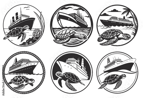 Monochrome emblem set with cruise ship sailing above and sea turtle below, enclosed in rope frame, ideal for nautical branding, marine wildlife promotion, and coastal tourism projects