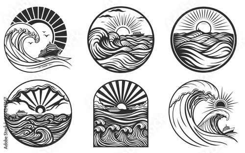 Circular monochrome nautical emblem set with stylized ocean waves under radiant sun, perfect for marine business branding, seaside tourism logo, and coastal event promotion