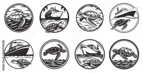 Monochrome round nautical emblem set with sea turtle swimming through ocean waves, ideal for marine logo, ocean conservation design, underwater wildlife theme, or coastal tourism branding