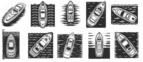 Monochrome yacht sailing on calm sea waves, set for nautical business branding, yacht club logo, luxury cruise promotion, and marine tourism marketing