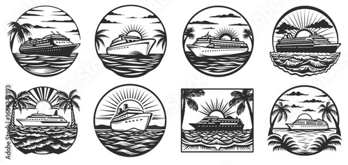 Monochrome cruise ship sailing toward sunset set with palm trees and clouds, designed for tropical vacation, travel, and nautical emblem projects