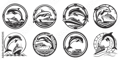 Monochrome cruise ship sailing on ocean waves with dolphin jumping above inside circular frame, suitable for nautical emblemset , travel, or marine business branding