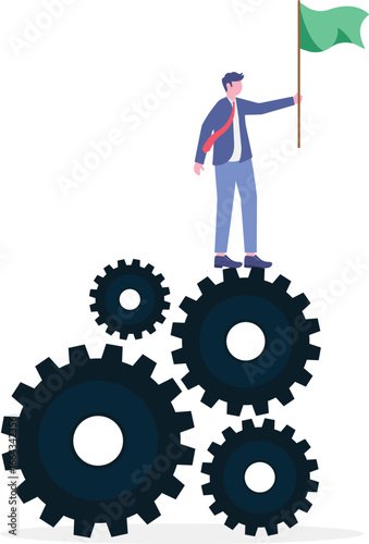 Flat illustration of business leader holding flag on top of giant gear powered by team members to symbolize teamwork and driving success together



