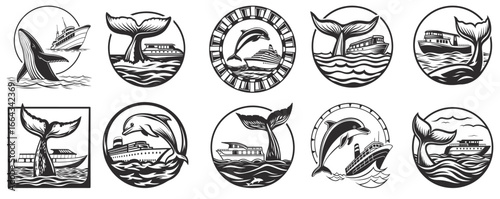 Monochrome whale tail rising from ocean behind passenger ferry inside circular frame, suitable for nautical emblem set, marine wildlife, or travel related vector design