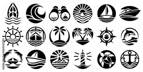Black and white nautical icon set with sailboats, anchors, lighthouses, palm trees, marine animals, navigation tools for seafaring, travel, and ocean themed design projects