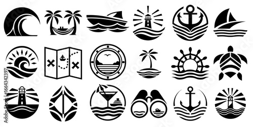 Black and white nautical icon set with sailboats, anchors, lighthouses, palm trees, marine animals, navigation tools for seafaring, travel, and ocean themed design projects