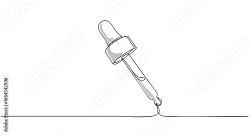 Minimalist line drawing of a medicine dropper dispensing liquid. 