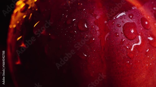 Extreme close up  drops of water falling on and flowing down  from a red nectarine on a dark background slow motion 200 fps