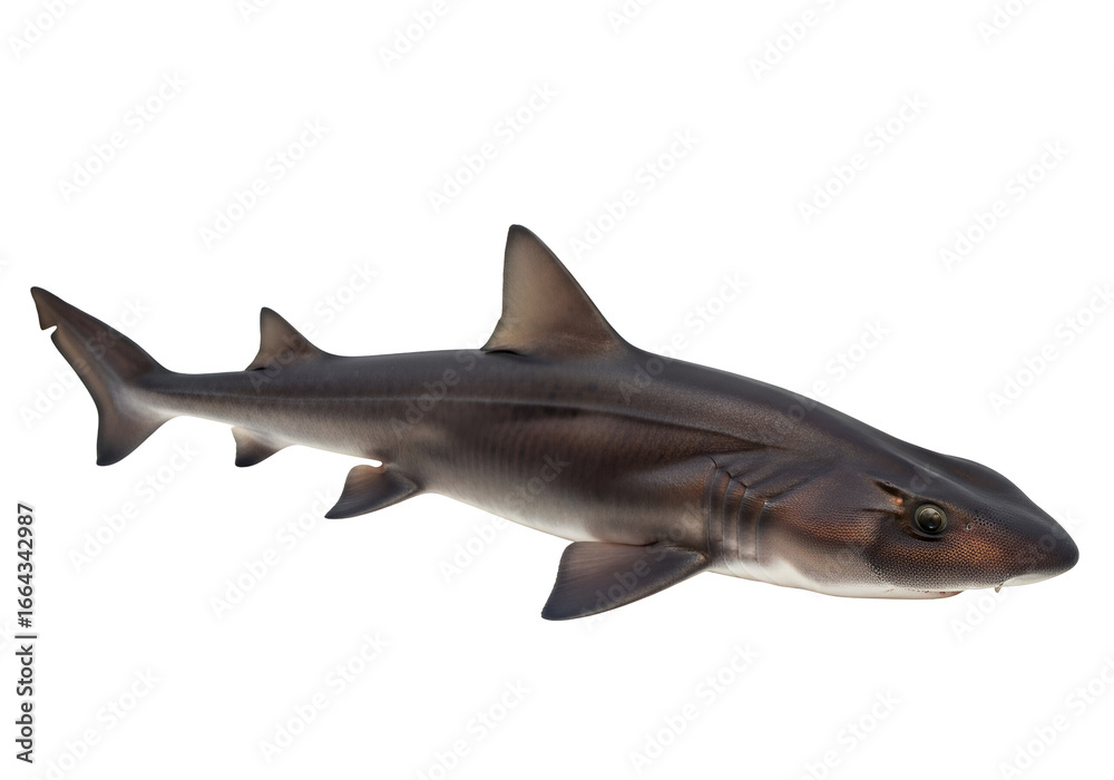 Fototapeta premium A dark-grey shark, with sharp fins, is showcased against a black background.