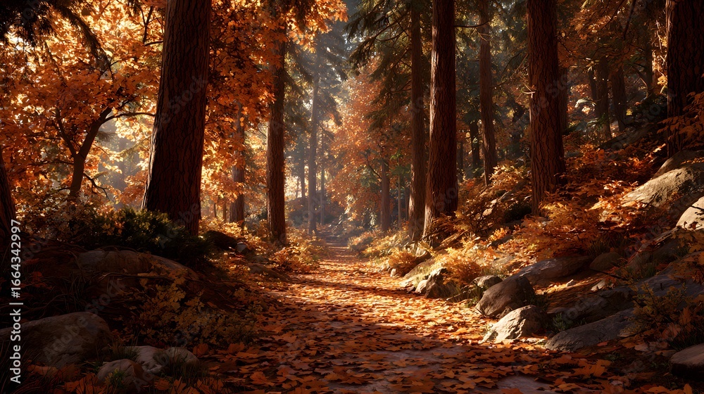 Obraz premium A scenic autumn forest path with fallen leaves and sunlight filtering through the tall trees above path
