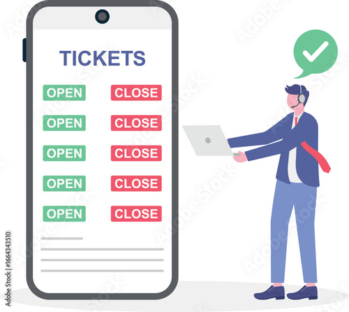 Flat illustration of customer support agent reviewing open and closed tickets with headset at desk in online helpdesk system
