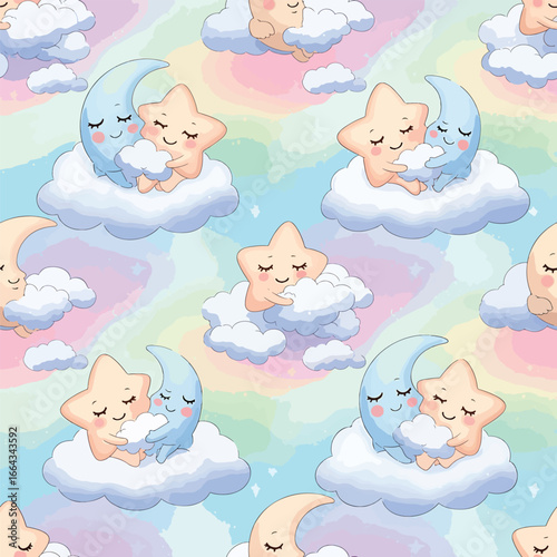 Seamless Pattern, Seamless pattern with cute moon and star sleeping on clouds pastel colors Stock royalty free image.