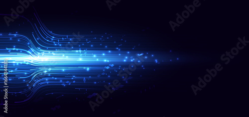 Futuristic glownig blue horizontal lines with lighting effect and sparkle on dark blue background.
