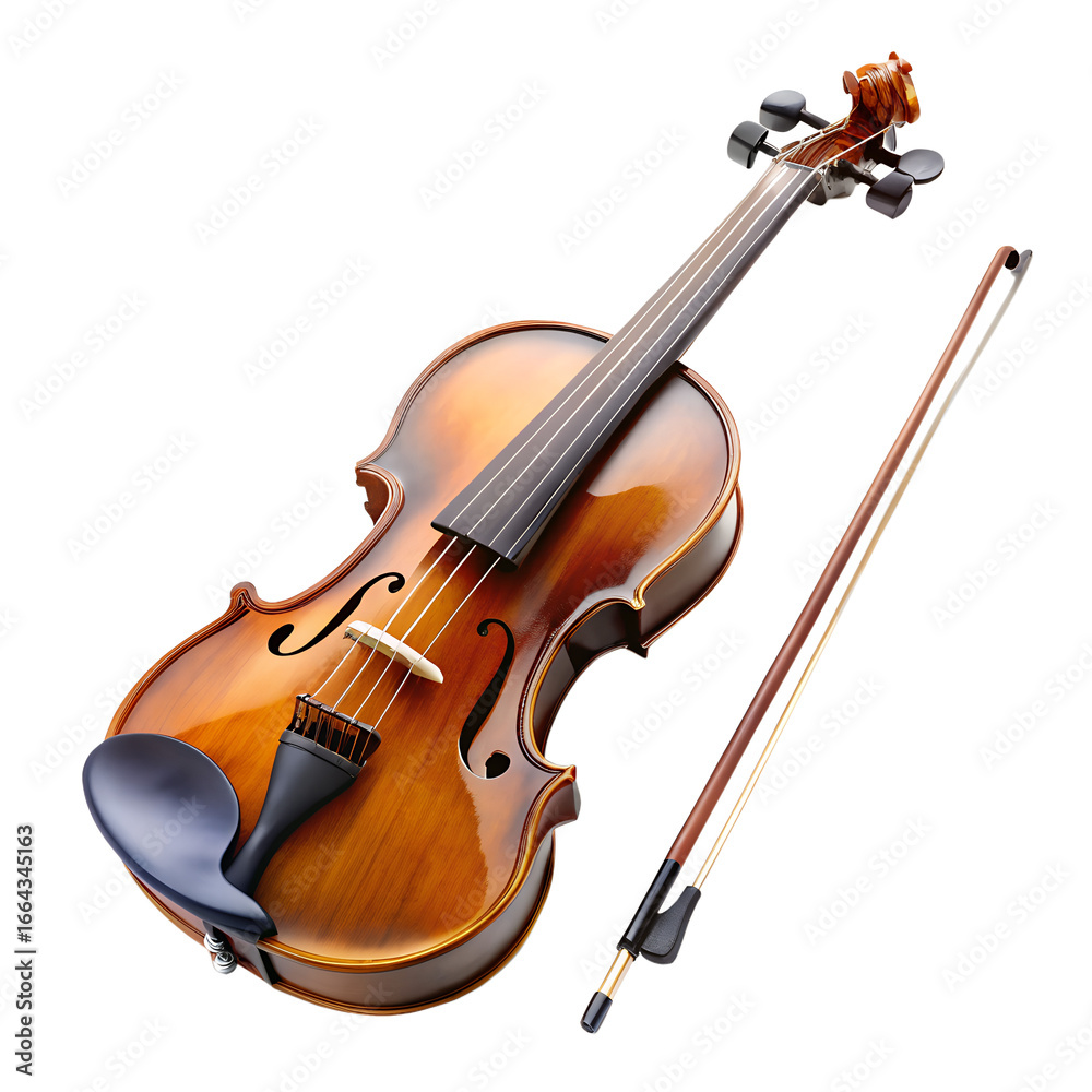 Fototapeta premium A beautiful brown varnished violin with a bow, isolated on a transparent background, a classic string musical instrument for performance and practice