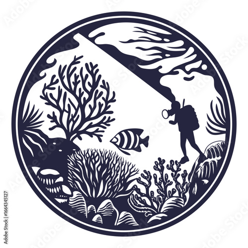 Monochrome vector emblem of scuba diver lighting coral reef with fish, suitable for marine life, underwater exploration, ocean adventure and nautical theme designs