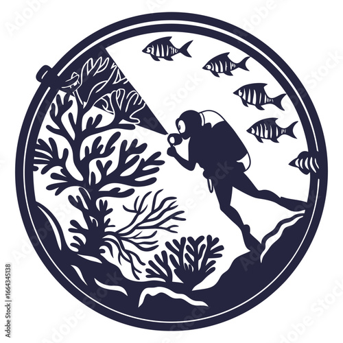 Monochrome vector emblem of scuba diver lighting coral reef with fish, suitable for marine life, underwater exploration, ocean adventure and nautical theme designs