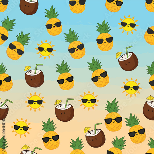 Seamless Pattern, Summery pattern featuring pineapples, coconuts, and suns wearing sunglasses Stock royalty free image.