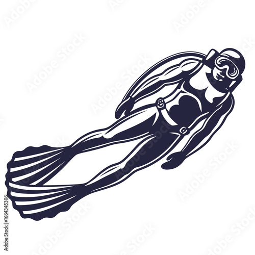Monochrome illustration of diver wearing diving suit, mask, and fins swimming underwater designed for marine themes and nautical emblem use in vector format.