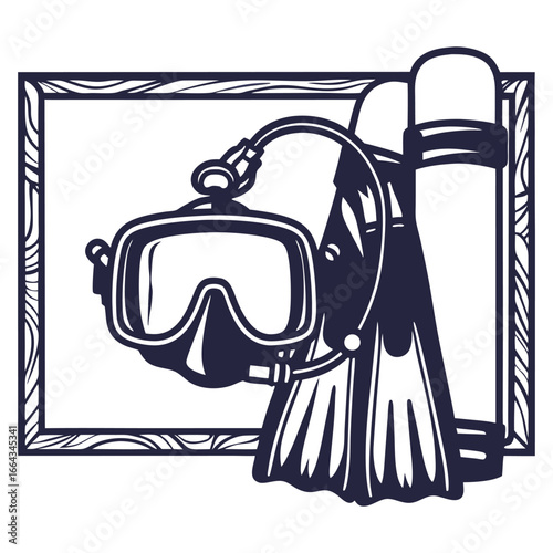 Monochrome vector of scuba diving gear including oxygen tank, mask and fins inside wooden frame, suitable for nautical designs and marine adventure themes