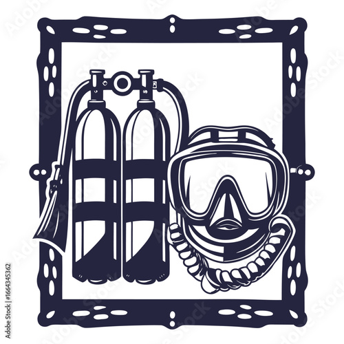 Monochrome vector of scuba diving gear including oxygen tank, mask and fins inside wooden frame, suitable for nautical designs and marine adventure themes