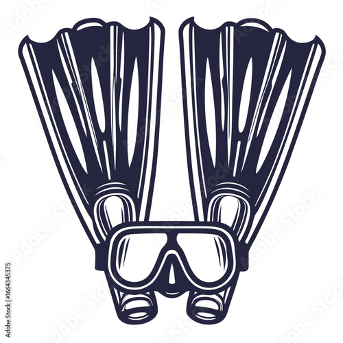 Monochrome vector of diving mask with snorkel and crossed flippers, suitable for underwater exploration, marine themes and nautical emblem designs
