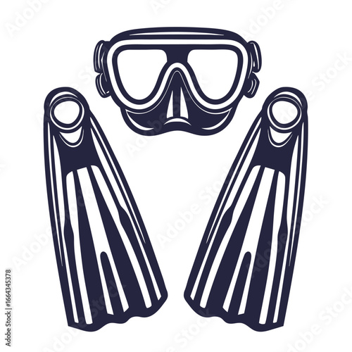 Monochrome vector of diving mask with snorkel and crossed flippers, suitable for underwater exploration, marine themes and nautical emblem designs