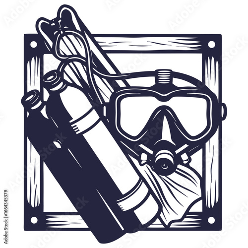 Monochrome vector of scuba diving gear including oxygen tank, mask and fins inside wooden frame, suitable for nautical designs and marine adventure themes