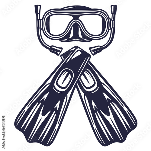 Monochrome vector of diving mask with snorkel and crossed flippers, suitable for underwater exploration, marine themes and nautical emblem designs