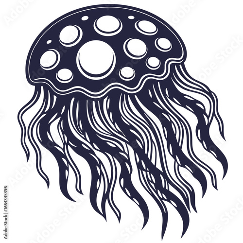 Monochrome vector jellyfish with extended tentacles, suitable for marine life themes, underwater scene designs and nautical style branding