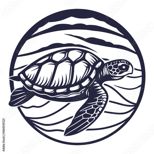 Monochrome vector sea turtle inside circular frame with ocean waves, suitable for marine life, nautical themes and vintage style emblem designs