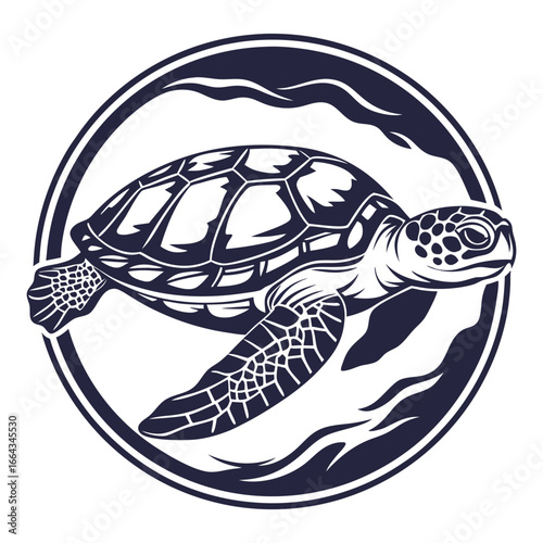 Monochrome vector sea turtle inside circular frame with ocean waves, suitable for marine life, nautical themes and vintage style emblem designs