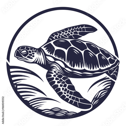 Monochrome vector sea turtle inside circular frame with ocean waves, suitable for marine life, nautical themes and vintage style emblem designs