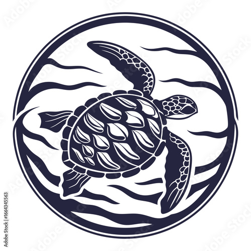 Monochrome vector sea turtle inside circular frame with ocean waves, suitable for marine life, nautical themes and vintage style emblem designs