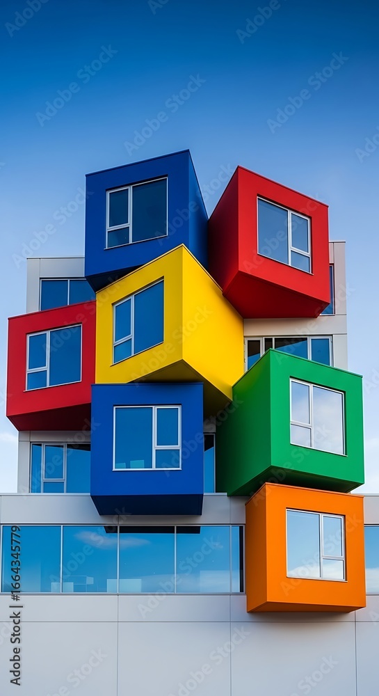 Fototapeta premium Colorful stacked boxes building against a clear blue sky