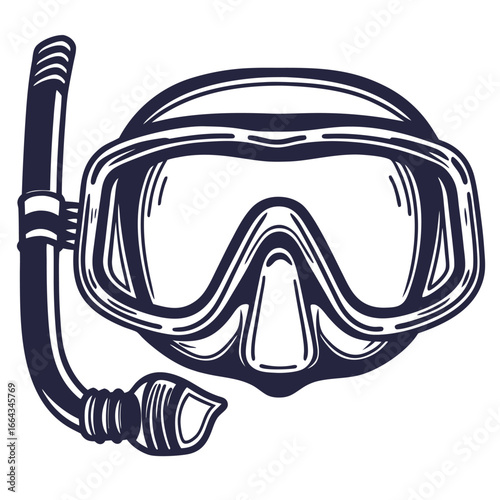 Monochrome diving mask with snorkel in vintage emblem design for underwater exploration, diving activities, and marine themed branding projects