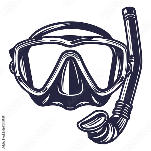 Monochrome diving mask with snorkel in vintage emblem design for underwater exploration, diving activities, and marine themed branding projects