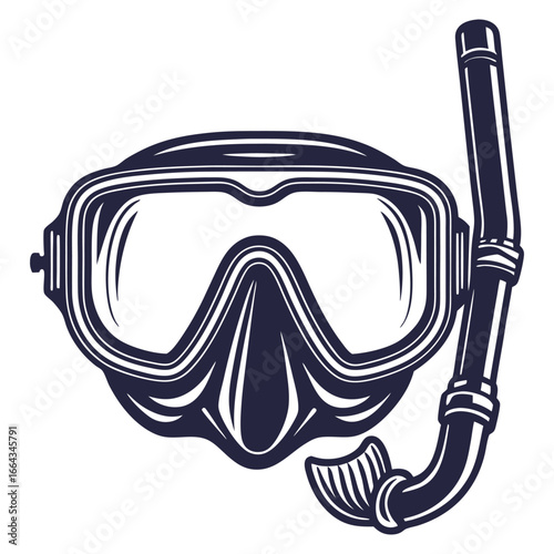 Monochrome diving mask with snorkel in vintage emblem design for underwater exploration, diving activities, and marine themed branding projects
