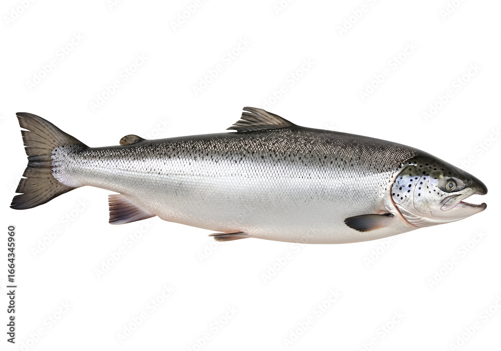 Naklejka premium Full view of a silvery-gray salmon against a striking black backdrop.