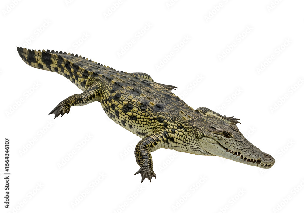 Naklejka premium Striking close-up of a young crocodile, showcasing its intricate, mottled pattern against a stark black background.
