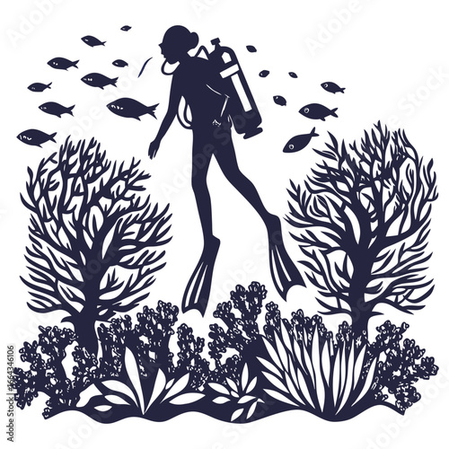 Silhouetted scuba diver gliding through coral reef with tropical fish surrounding, creating detailed underwater scene emphasizing marine biodiversity.