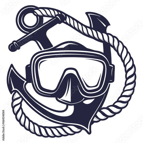 Vintage nautical emblem combining diving mask and anchor, symbolizing underwater exploration and marine adventure with clear maritime elements.